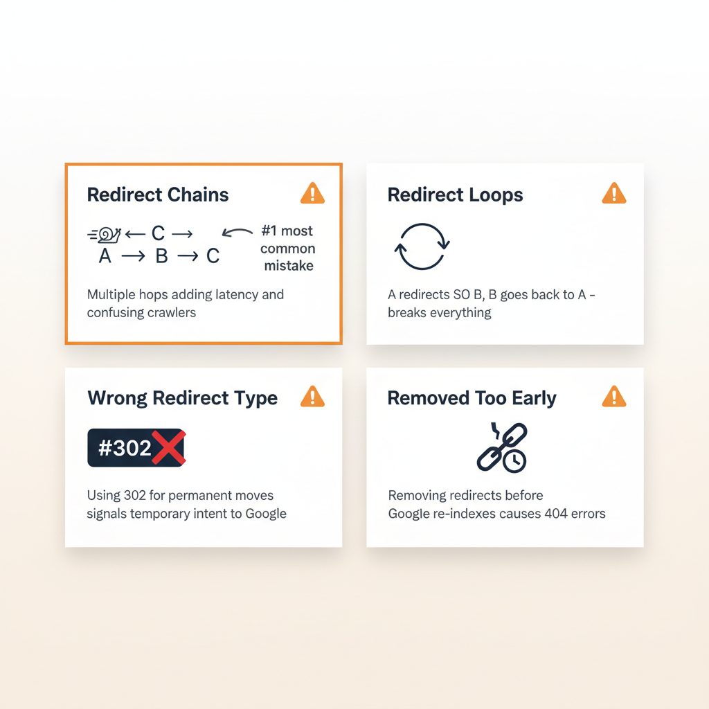 Four common redirect mistakes: redirect chains with A-to-B-to-C adding latency, redirect loops with circular arrows, wrong redirect type using 302 for permanent moves, and removing redirects too early causing broken links