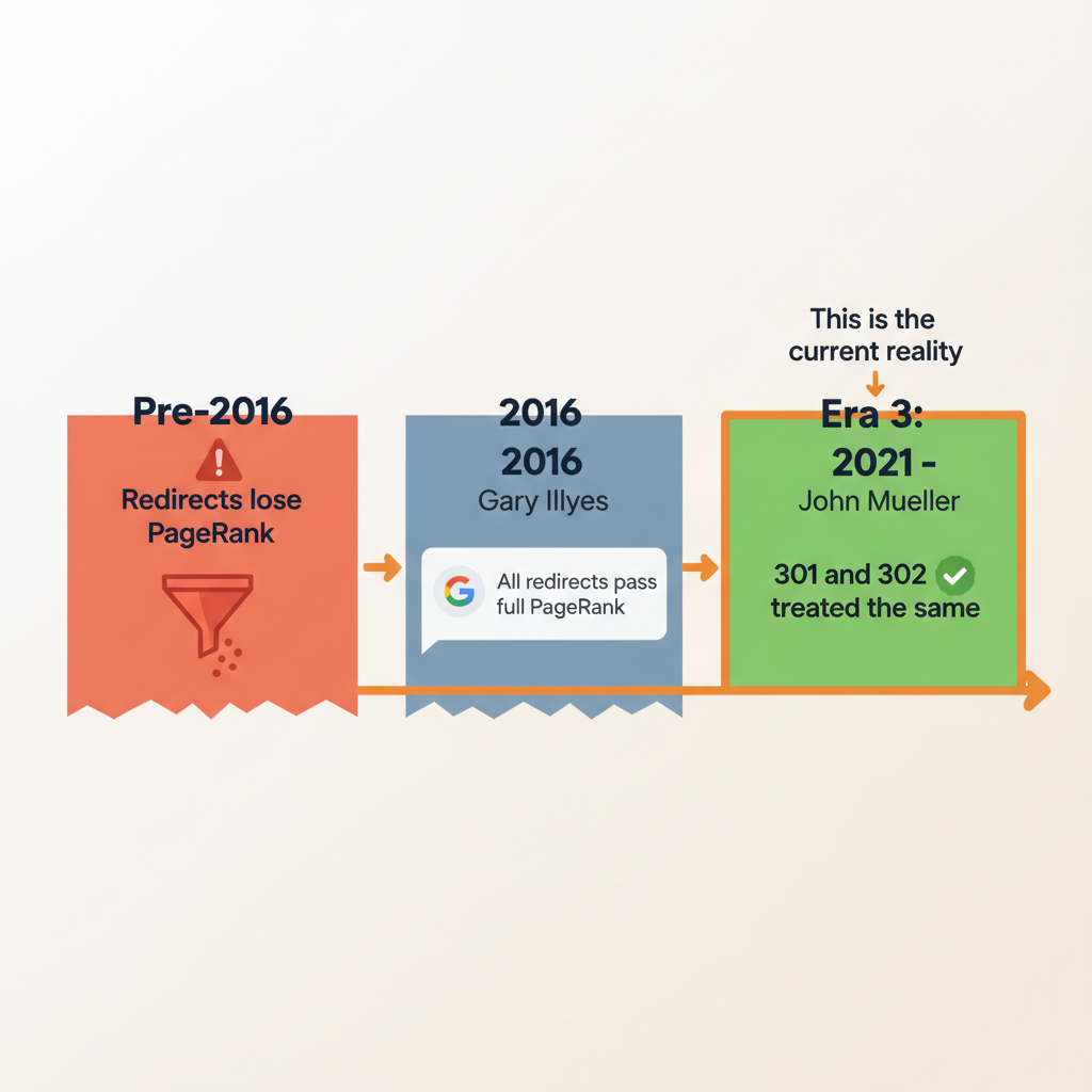 Timeline of Google redirect PageRank policy: pre-2016 redirects lost equity, 2016 Gary Illyes confirmed full PageRank transfer, 2021 John Mueller confirmed 301 and 302 treated the same