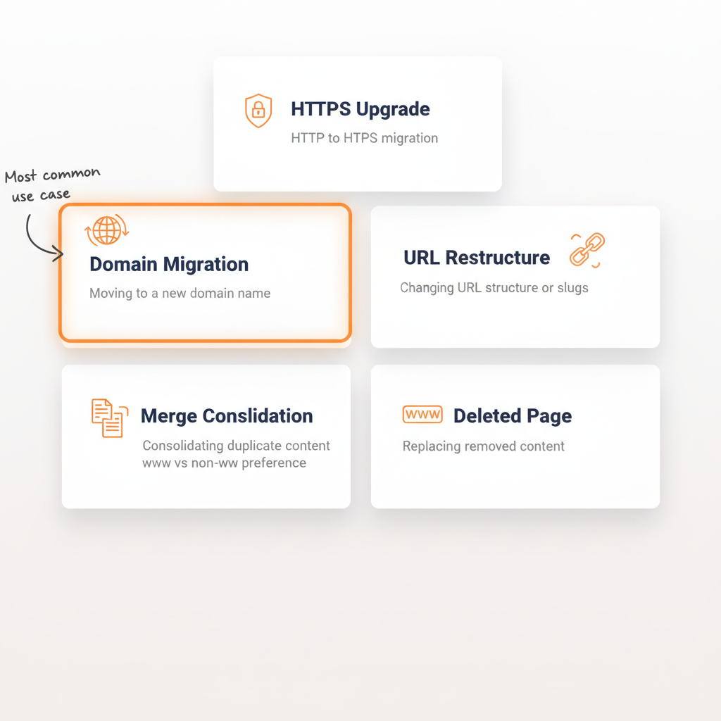 Six 301 redirect use cases: domain migration with globe icon, HTTPS upgrade with lock icon, URL restructure with link chain, merge duplicates with two pages combining, www consolidation with www badge, deleted page replacement with trash-to-redirect arrow