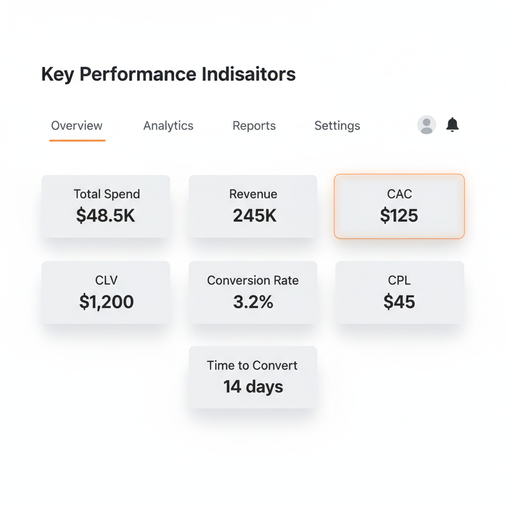 Analytics dashboard showing 7 key ROI metrics with revenue and CAC highlighted
