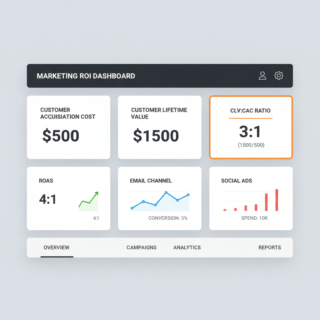 Marketing ROI dashboard showing CAC, CLV, ROAS, and channel performance metrics