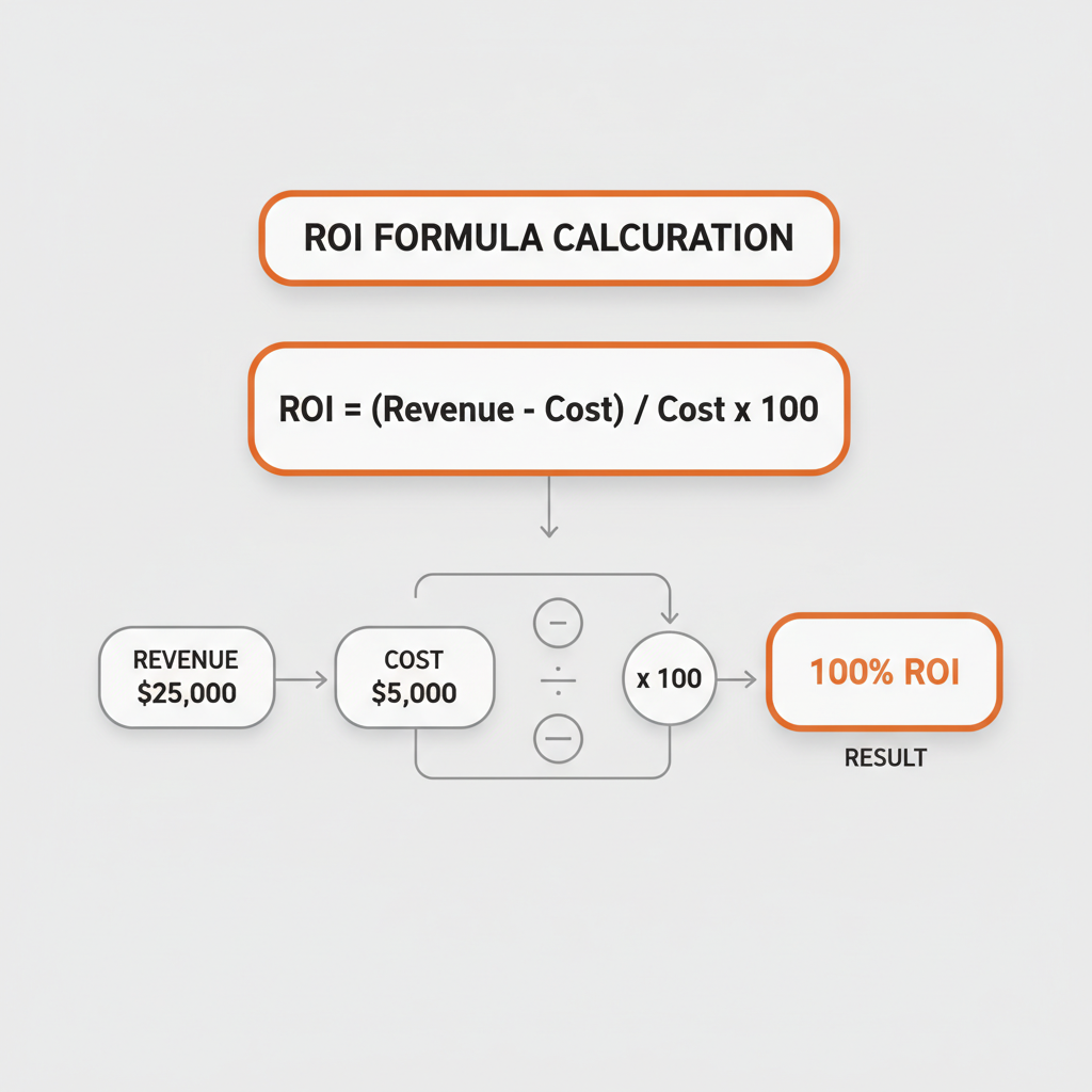 ROI formula visualization showing Revenue minus Cost divided by Cost times 100