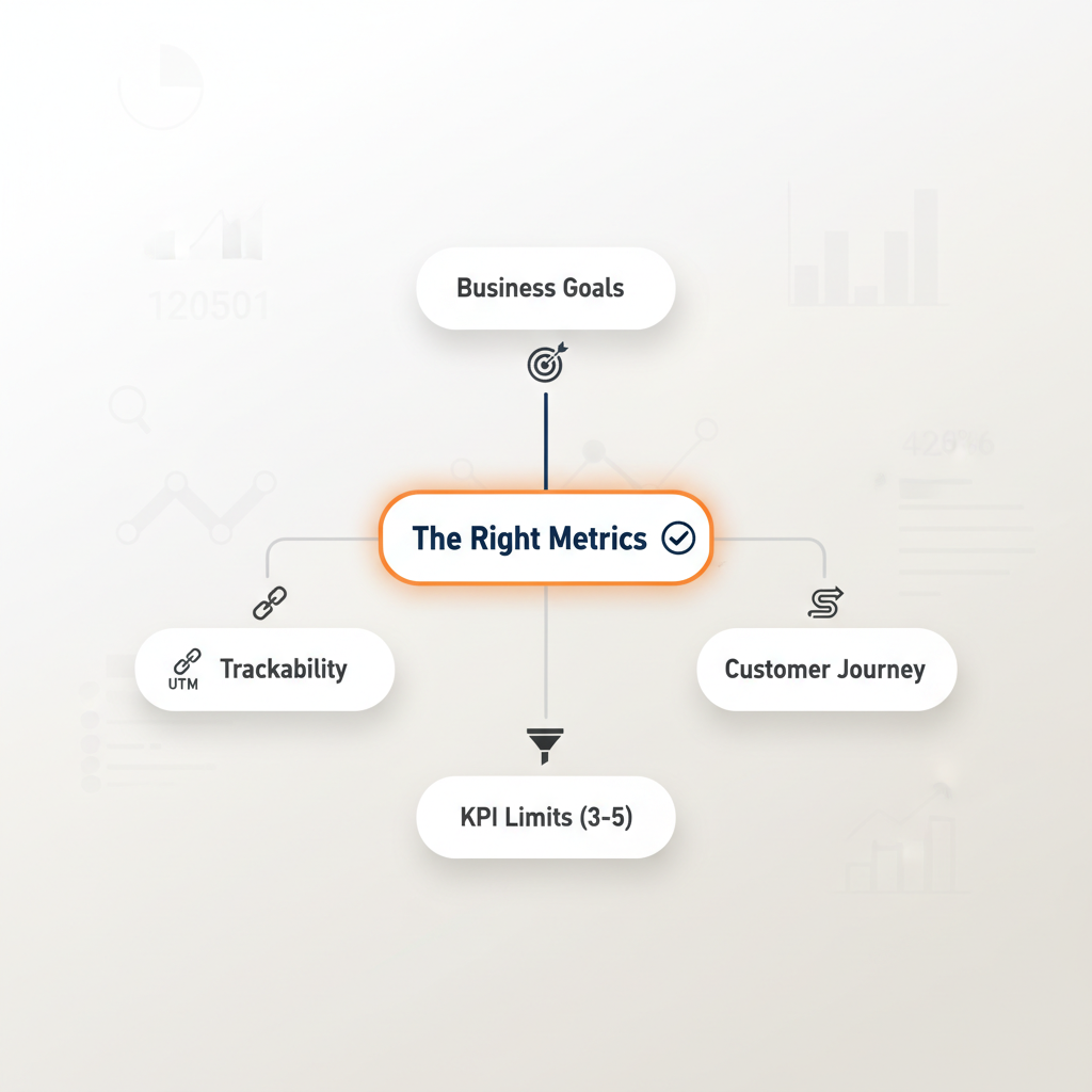 Marketing metrics selection framework with four connected steps: Business Goals, Customer Journey, KPI Limits, and Trackability surrounding a central Right Metrics node