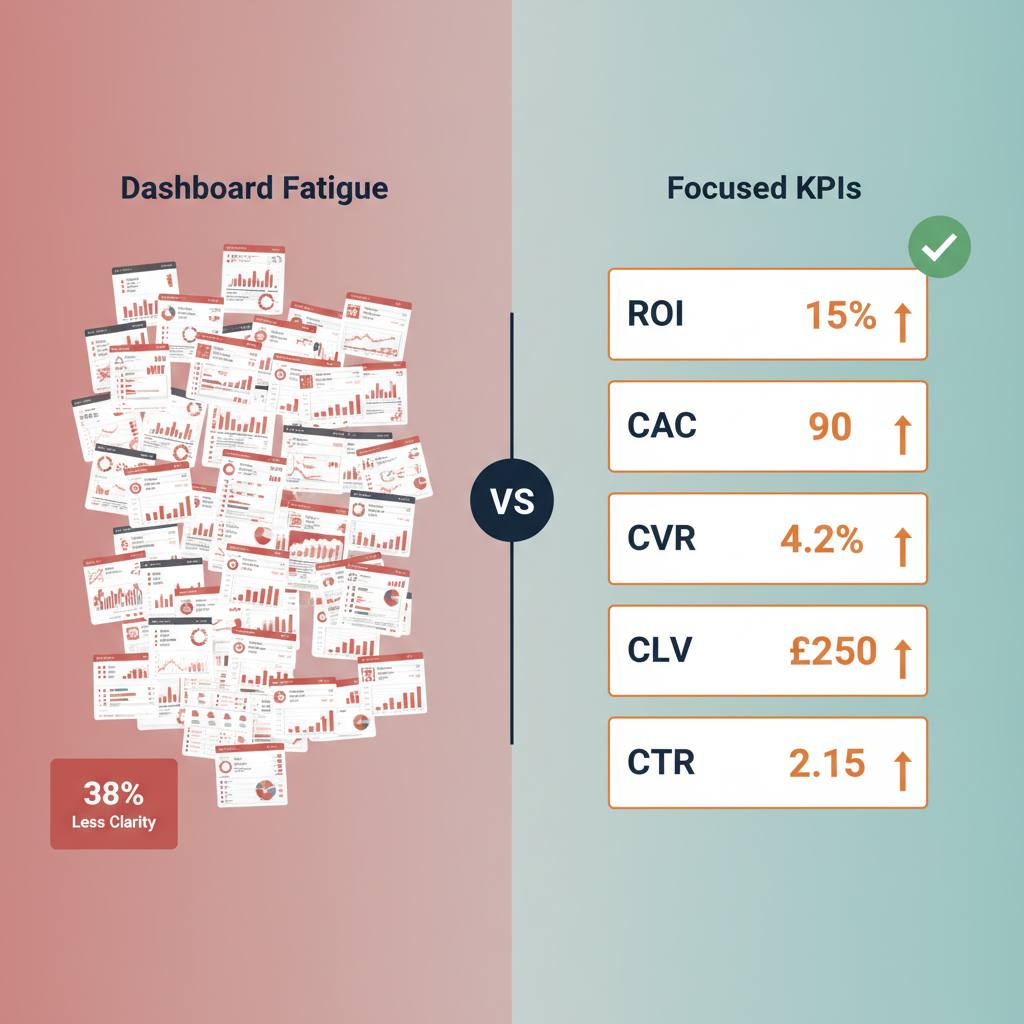 Side-by-side comparison of cluttered dashboard with 30-plus metrics causing confusion versus clean focused dashboard with 5 core KPIs showing clarity