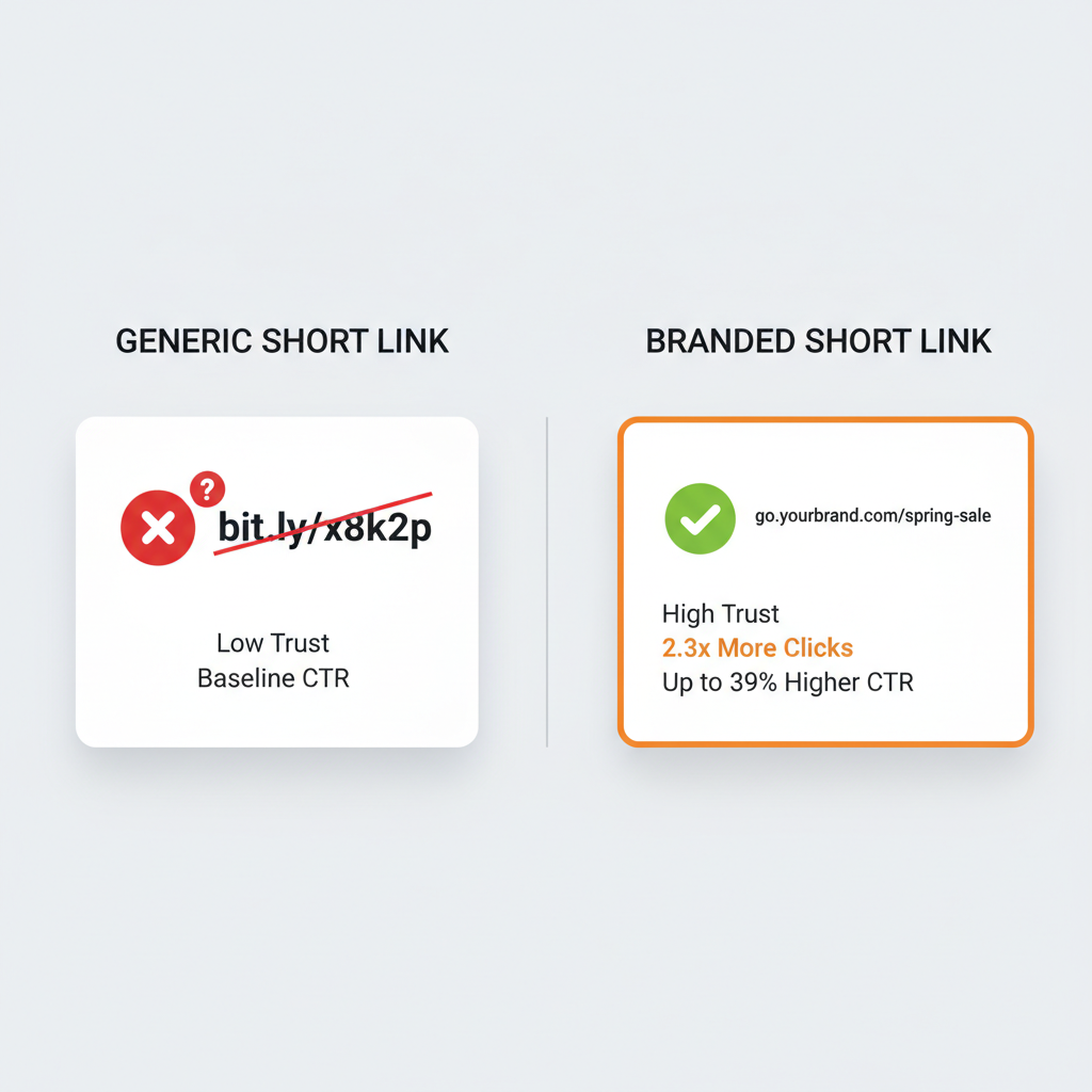 Side-by-side comparison of generic short link bit.ly/x8k2p with low trust and baseline CTR versus branded short link go.yourbrand.com/spring-sale with high trust and 2.3x more clicks