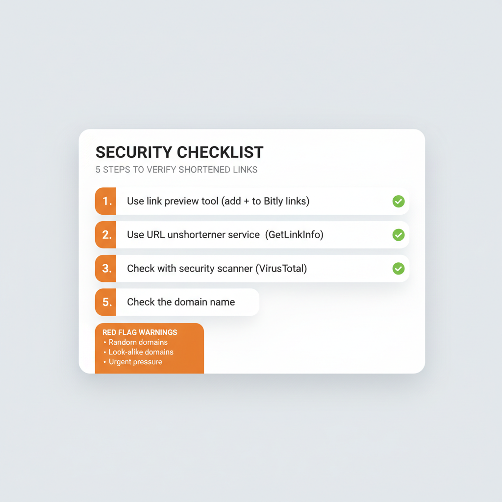 Security checklist for verifying shortened links with five steps: use preview tool, URL unshortener, security scanner, check HTTPS, verify domain, plus red flag warnings for suspicious links