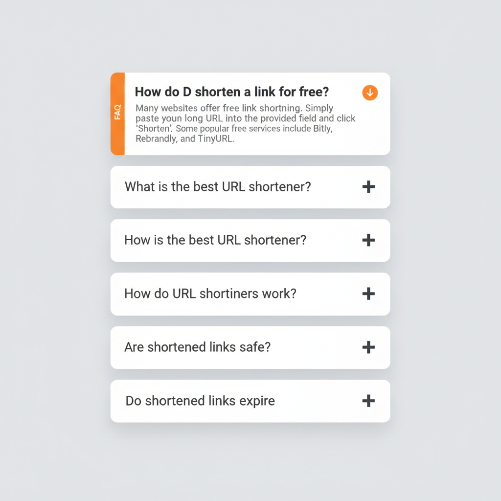 FAQ accordion showing five common link shortening questions: how to shorten for free, best URL shortener, how shorteners work, are short links safe, do they expire, with first answer expanded
