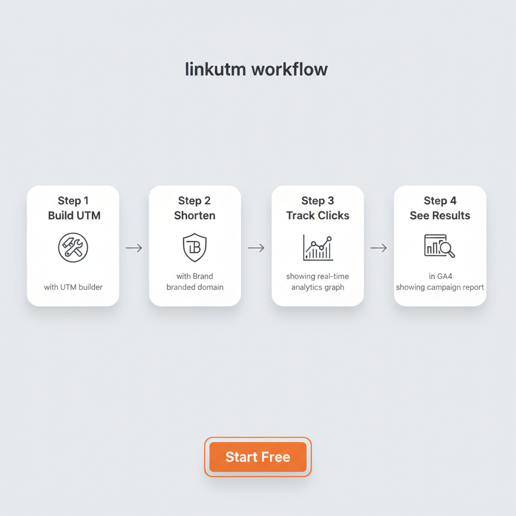 linkutm four-step workflow: build UTM parameters, shorten with branded domain, track clicks in real-time, see results in GA4 campaign reports with Start Free call-to-action
