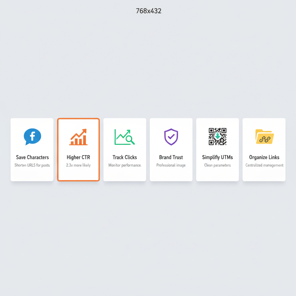 Seven benefit cards for link shortening: save characters on social media, increase click-through rates by 2.3x, track clicks and campaigns, build brand trust, share in print and offline, simplify UTM URLs, organize marketing links
