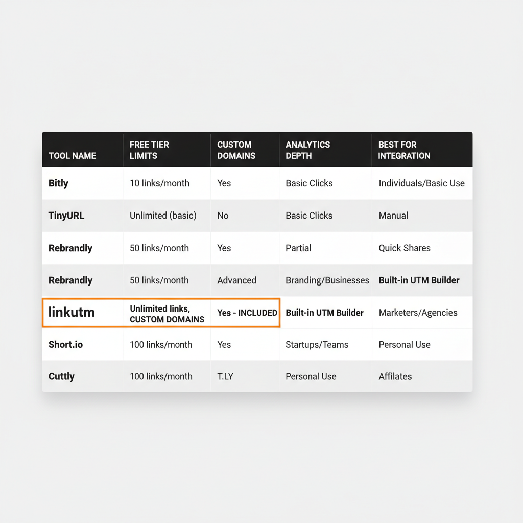 URL shortener comparison table for 2026 showing seven tools with free tier limits, custom domain support, analytics features, UTM integration, and best use case with linkutm highlighted for marketers