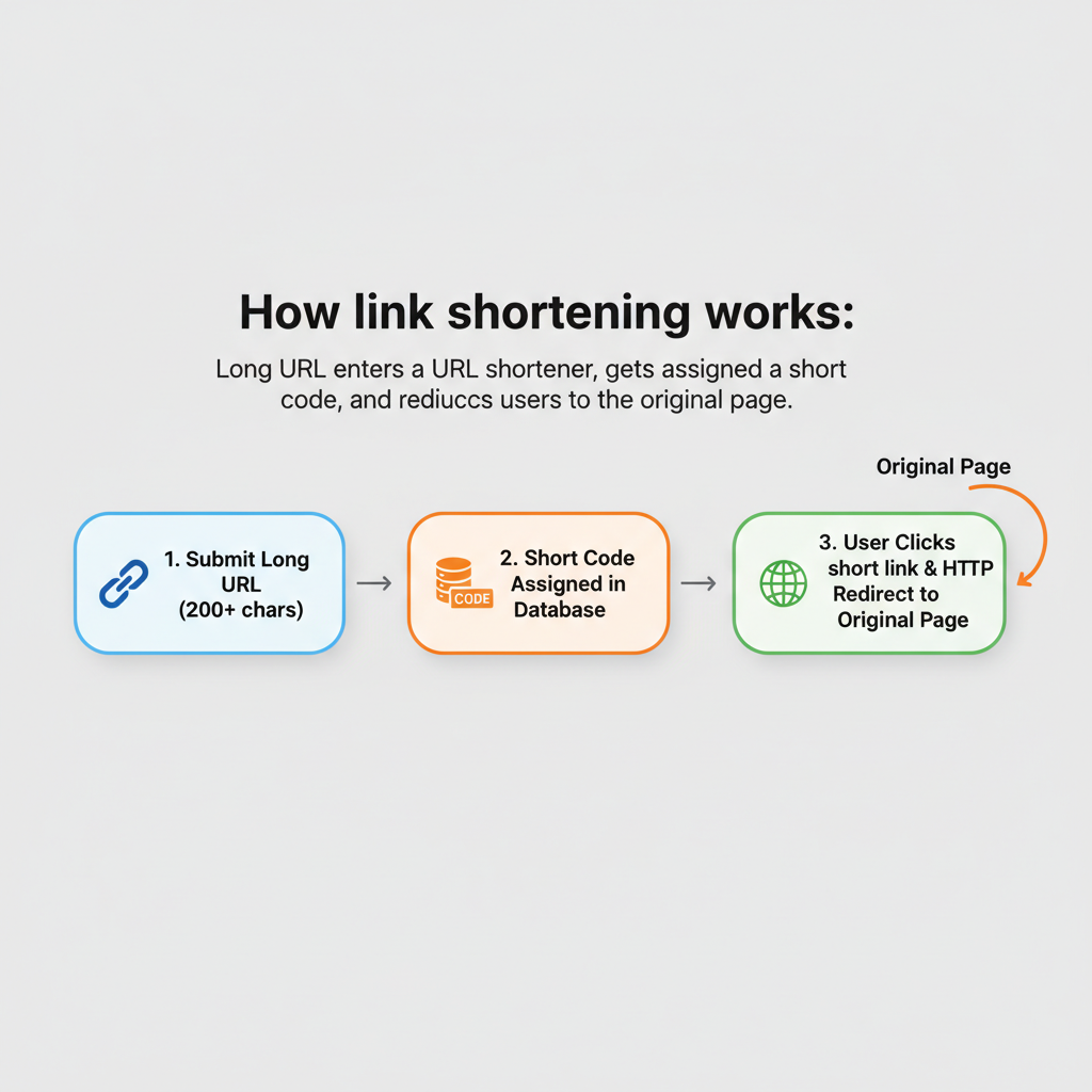 Three-step URL shortener flow showing long URL submitted to shortener database, short code assigned, and user clicking short link triggers HTTP redirect to original destination page