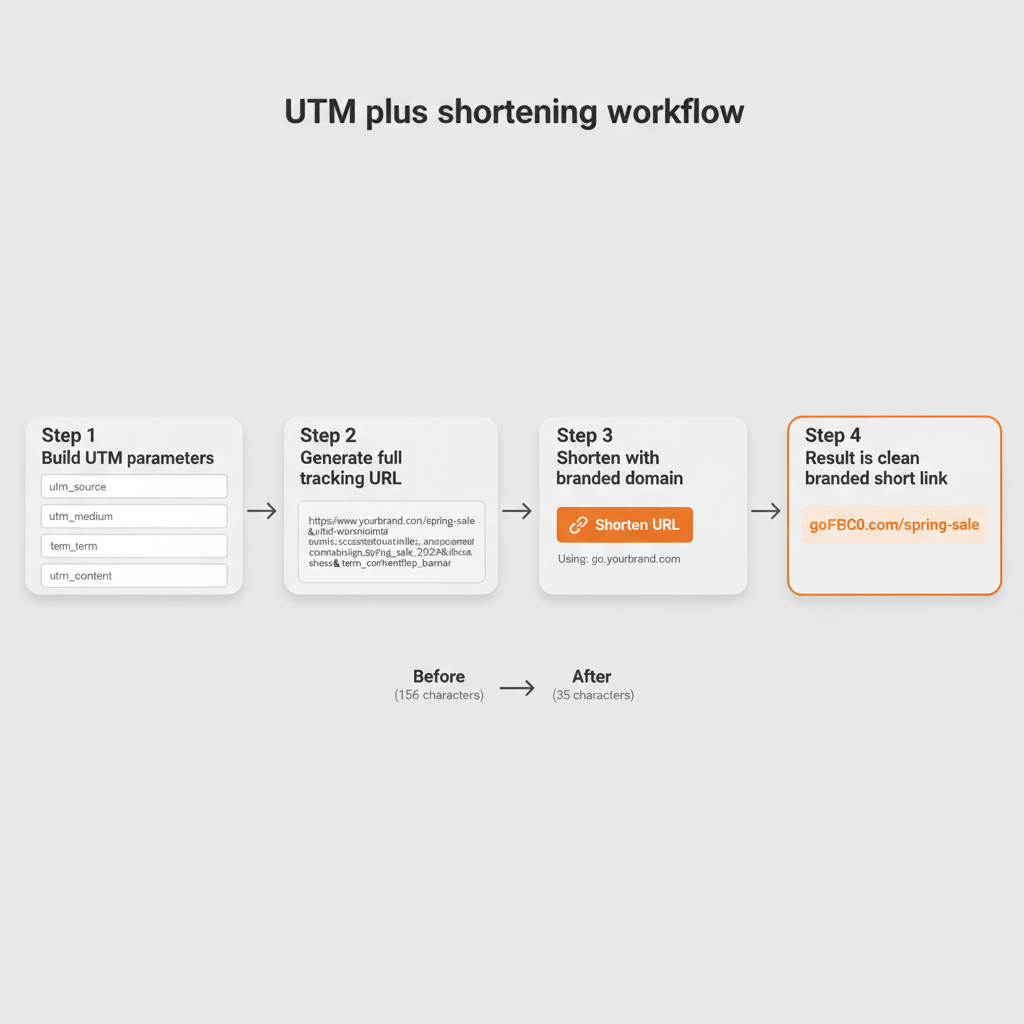 Four-step UTM shortening workflow: build UTM parameters, generate 156-character tracking URL, shorten with branded domain, result is clean go.yourbrand.com/spring-sale link preserving all tracking data