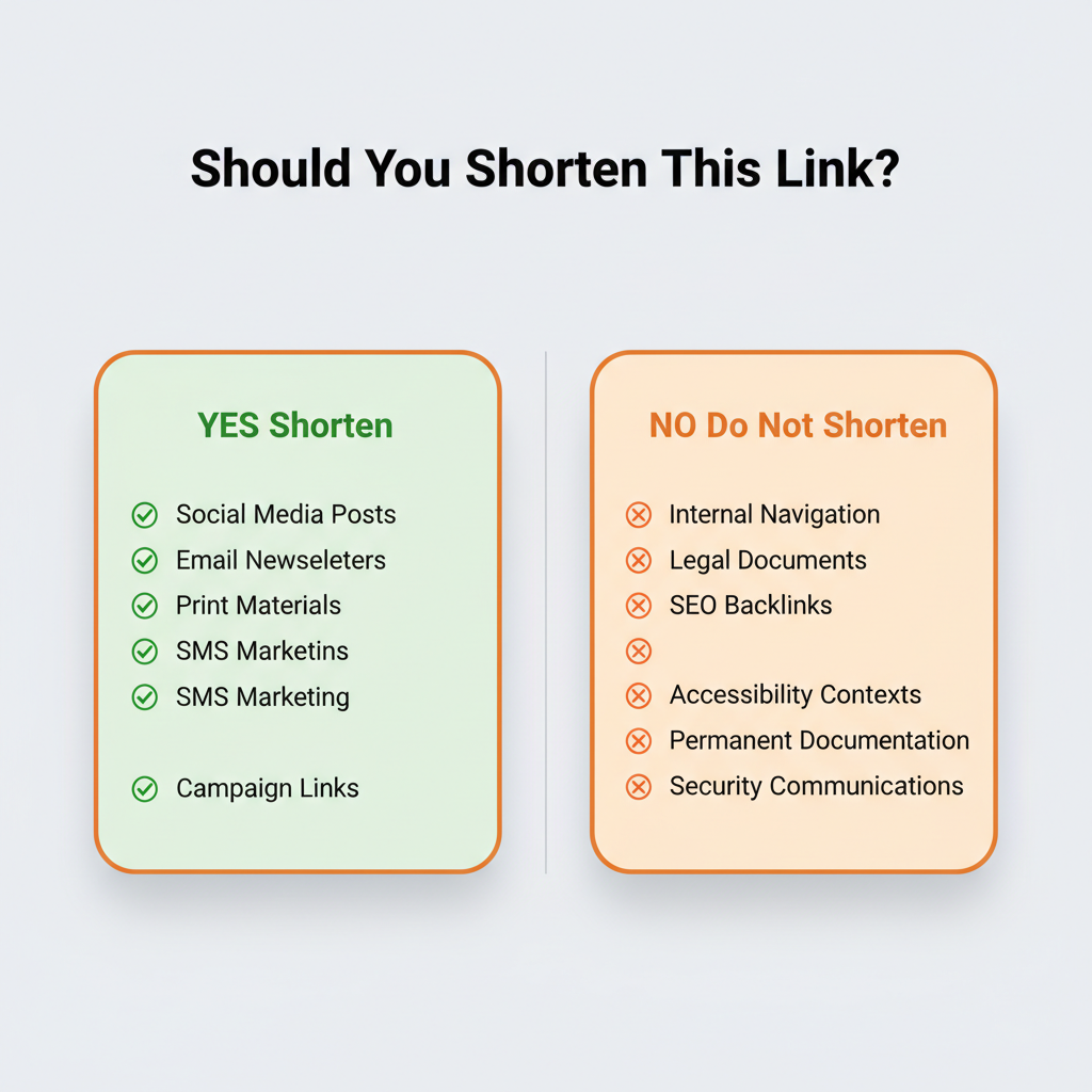 Decision matrix for when to shorten a link: shorten for social media, email, print, SMS, campaigns versus do not shorten for internal links, legal docs, SEO backlinks, accessibility, documentation