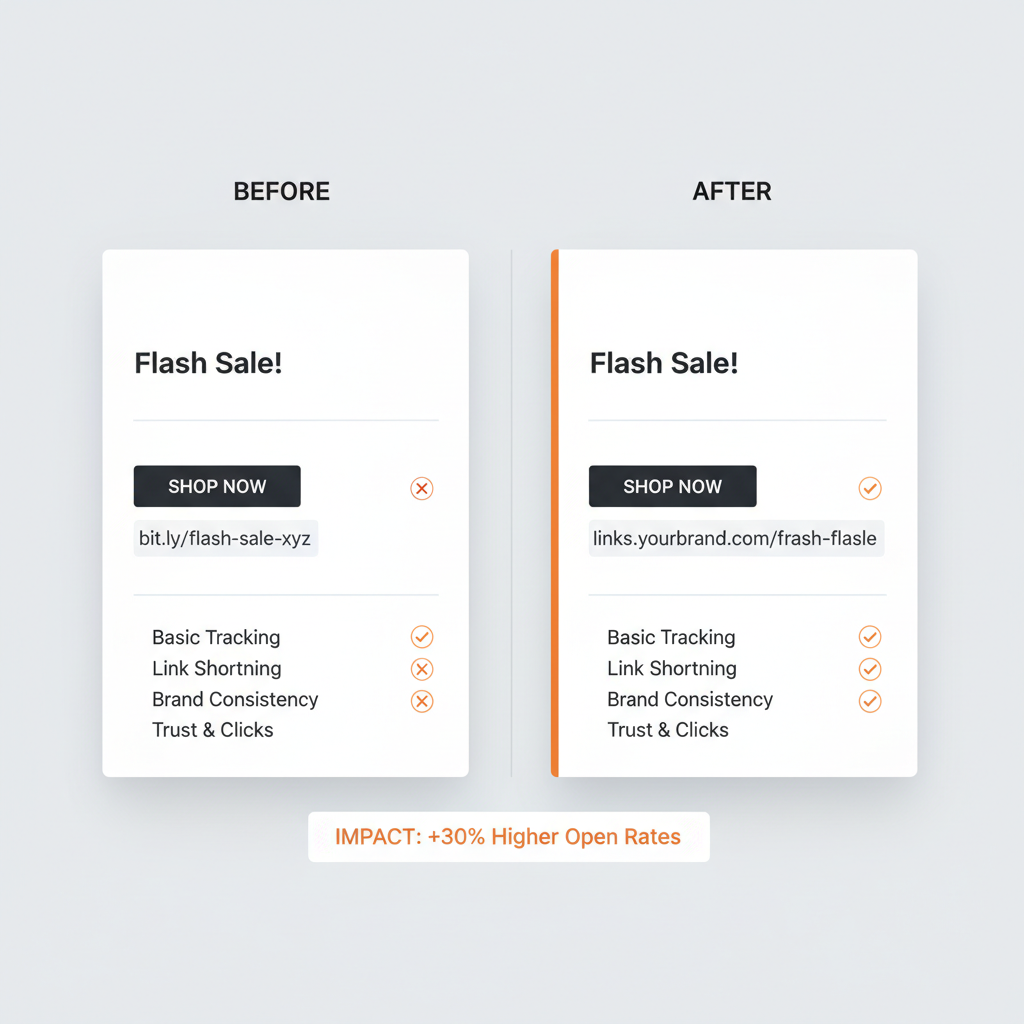 Before/after comparison of marketing email with generic bit.ly link vs branded custom domain link
