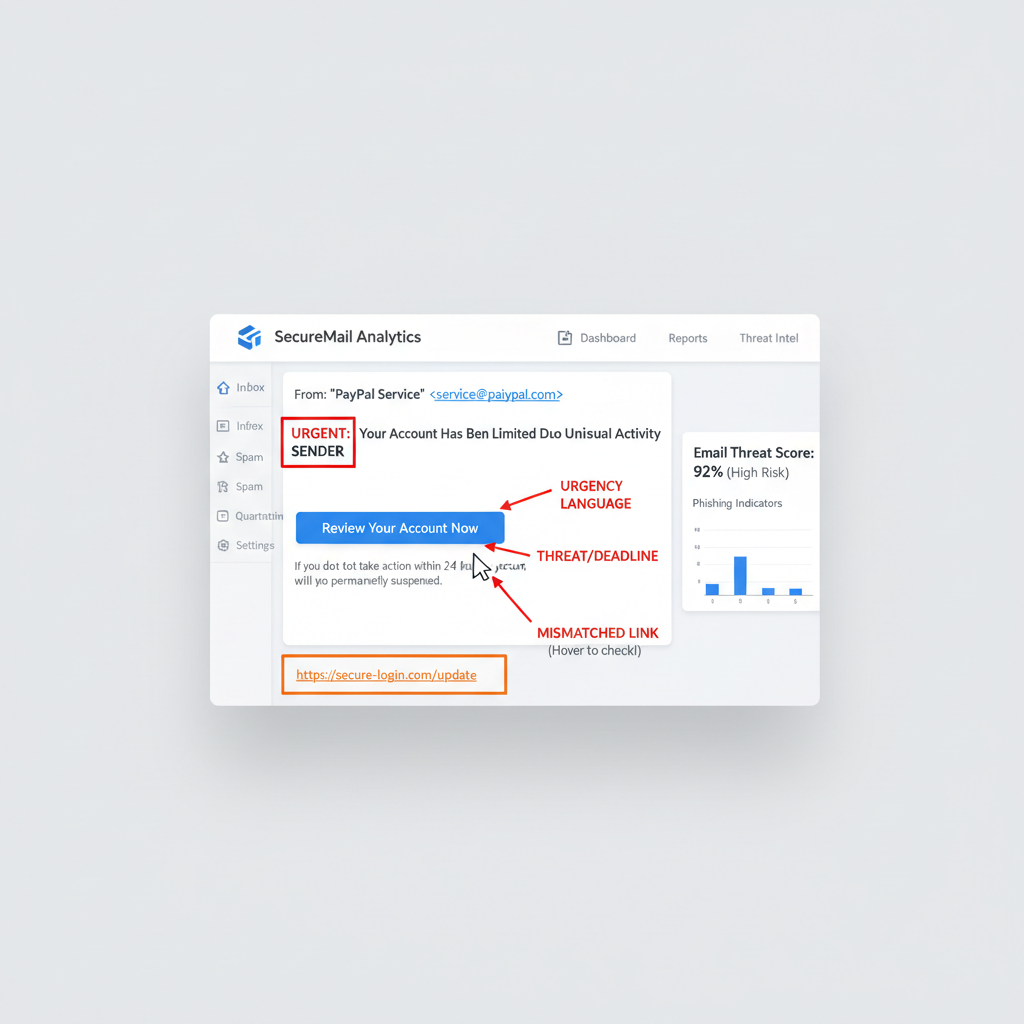 Annotated phishing email example showing red flags: fake sender, urgency language, mismatched link