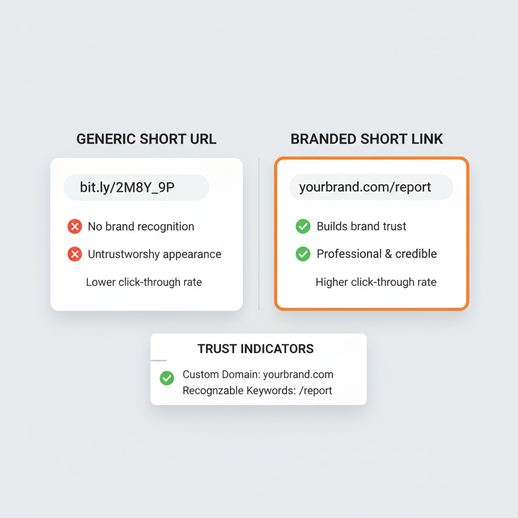 Side-by-side comparison showing a generic shortened URL vs a branded short link with trust indicators