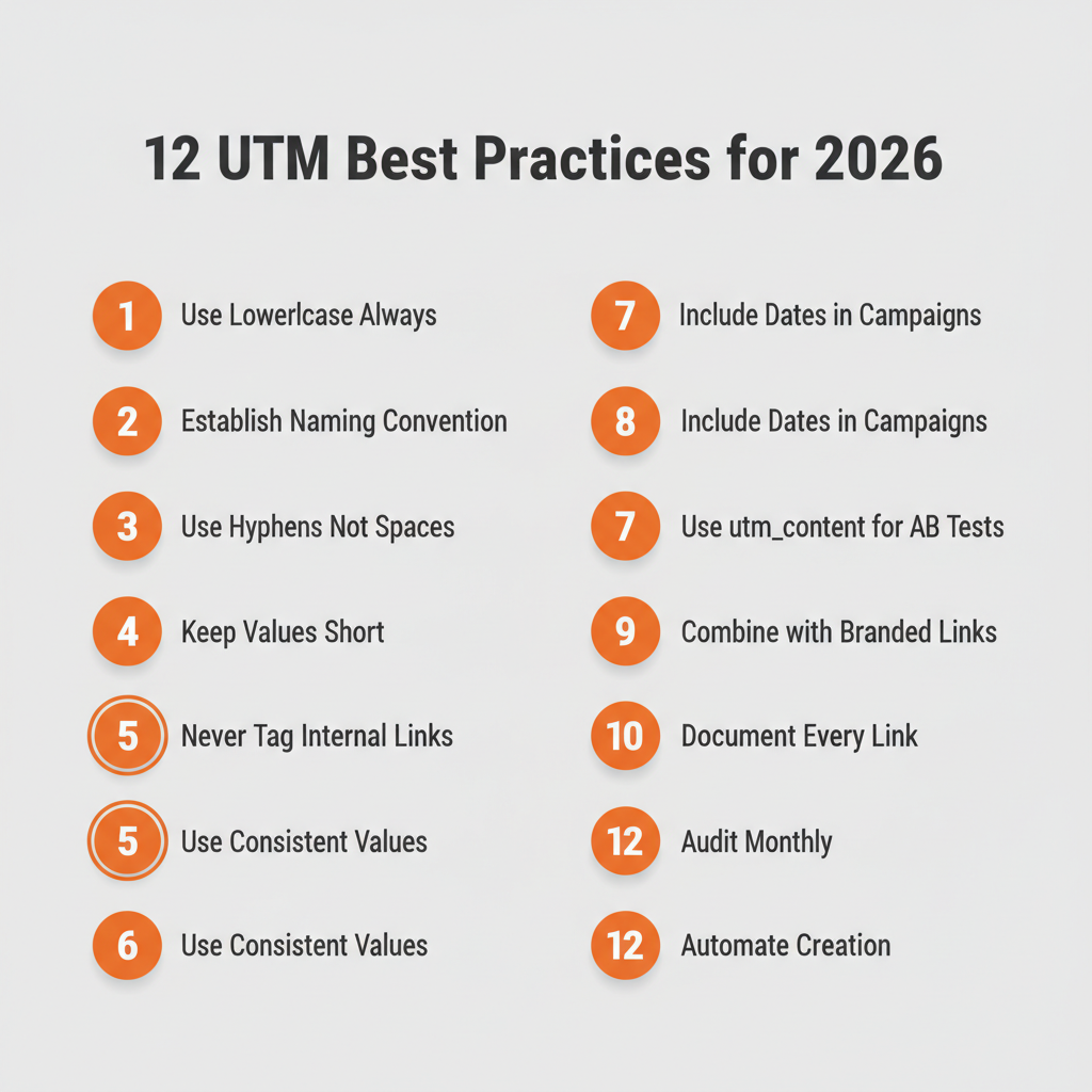 All 12 UTM best practices for 2026 as numbered summary list: lowercase values, naming conventions, hyphens, short values, no internal tags, consistency, dates, AB testing, branded links, documentation, monthly audits, automation