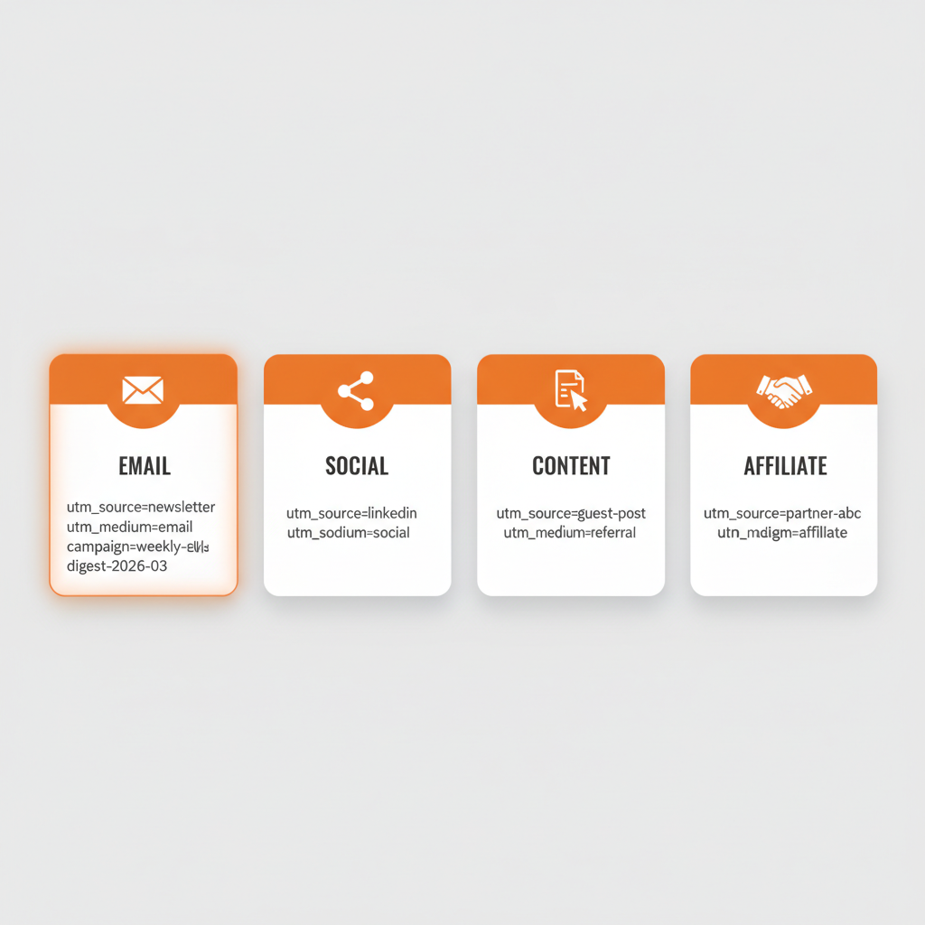 Five UTM channel template cards for email, social media, PPC, content marketing, and affiliate campaigns, each showing recommended source, medium, and campaign parameter formats