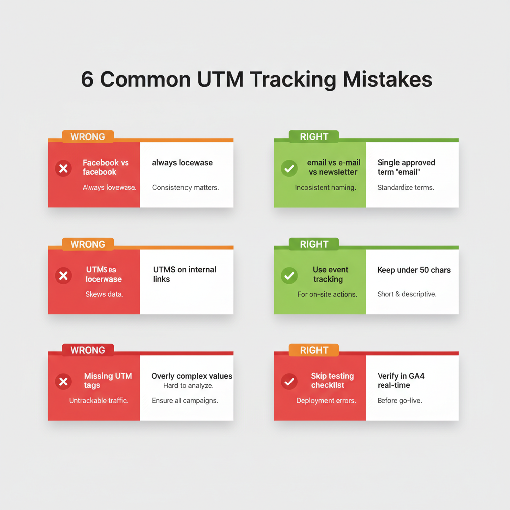 Six common UTM tracking mistakes with fixes: case inconsistency, internal link tagging, inconsistent terms, missing tags, complex values, and skipping testing, each showing wrong versus right approach