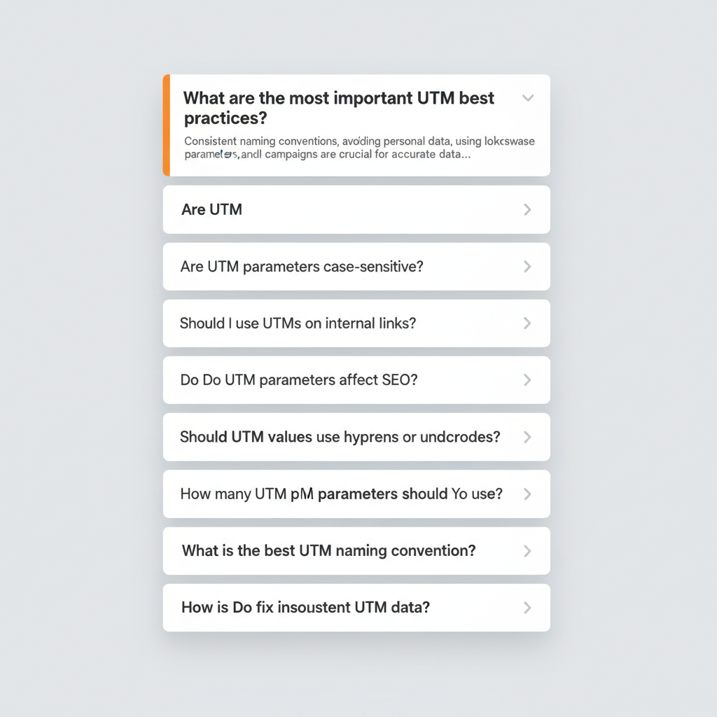 FAQ accordion showing 8 frequently asked questions about UTM best practices including case sensitivity, internal links, SEO impact, and naming conventions