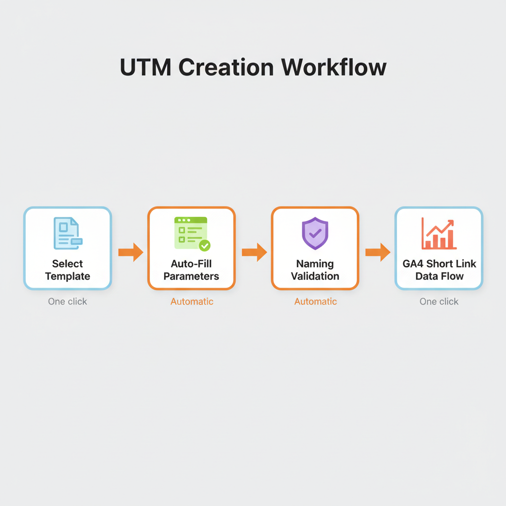 Five-step UTM automation workflow: template selection, parameter auto-fill, naming validation, short link creation, and GA4 data flow with manual effort reduced at each stage