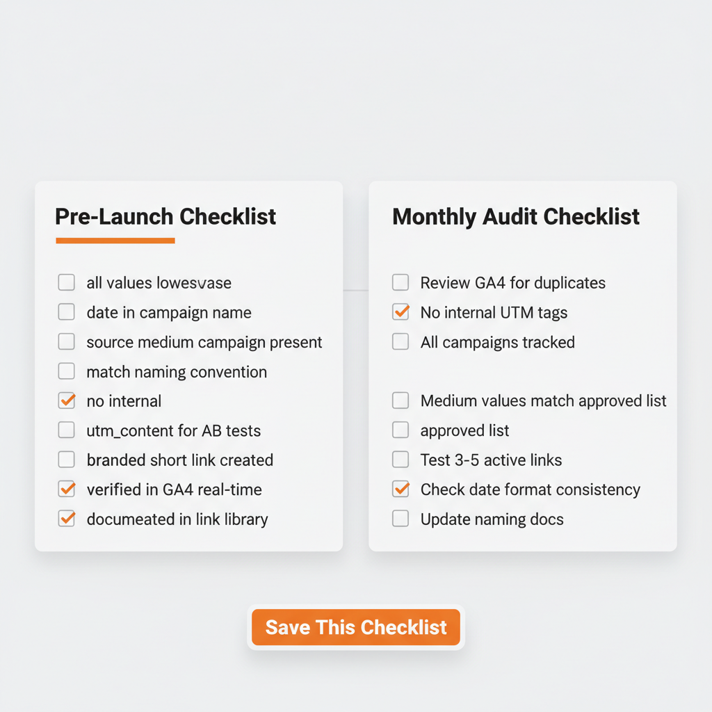 UTM best practices checklists: pre-launch campaign checklist with 9 verification items and monthly audit checklist with 7 review items for maintaining clean tracking data